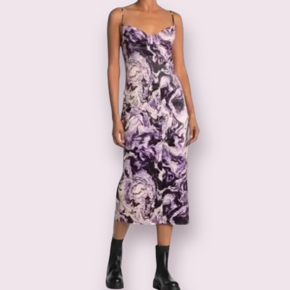 AFRM Marble Print Slip Midi Dress Medium Mesh Bodycon Y2K Abstract Ruched